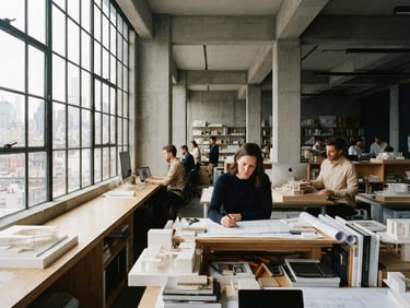 Architectural office space with natural window light, deep navy shadows, minimalist concrete structures, medium format film.