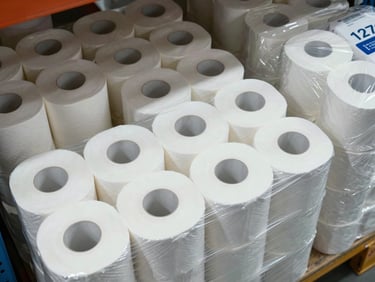 Overhead angled shot of stacked bulk toilet paper rolls in plastic-wrapped packs arranged on a warehouse shelf, cool warehouse lighting, organized rows of 4-roll, 6-roll, and 12-roll packs visible