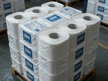 Overhead documentary shot of folded and rolled paper towel cases stacked on a warehouse floor, organized by case size, cool industrial lighting from above, product labels facing forward