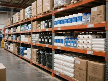 Wide shot of organized warehouse storage bins containing janitorial paper supply products, boxes of trash liners and dispenser refills stacked in labeled shelving bays, overcast warehouse light