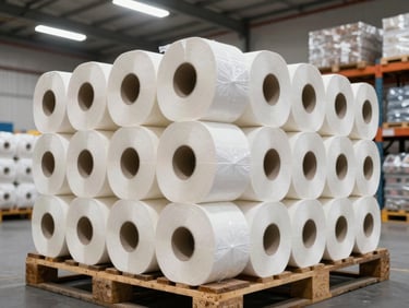 Wide angled shot of oversized jumbo toilet paper rolls stacked on a warehouse pallet, industrial shelving in background, overcast warehouse lighting, rolls in protective plastic wrap