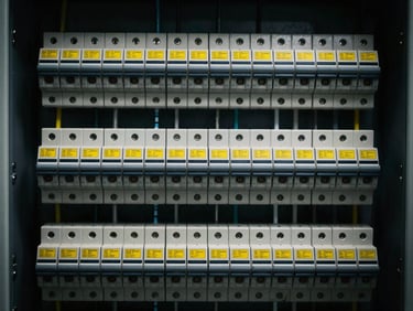 A perfectly organized industrial electrical panel with neat rows of breakers and yellow warning labels