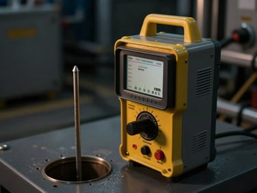 Technical earth resistance tester device connected to a grounding rod in a modern facility