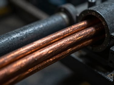 Close-up of thick copper cables being routed through a clean industrial conduit, metallic copper details