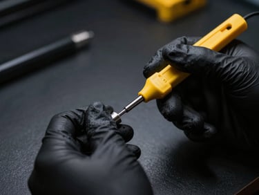 Hands of a certified technician wearing protective black gloves holding a professional testing probe