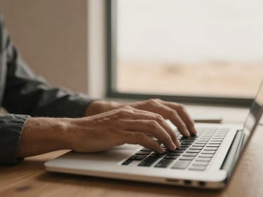 Close-up of professional hands typing on a clean interface, warm desert-tinted window light, modern office setting, muted earth tones, 35mm photography