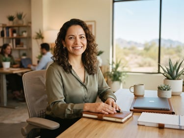 Calm, confident portrait of an administrative professional in a bright, modern Phoenix office, soft natural desert window light, muted earth tones, 35mm editorial photography