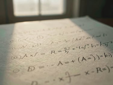 Macro photograph of handwritten mathematical proofs on heavy textured parchment paper, soft golden-hour window light, shallow depth of field.
