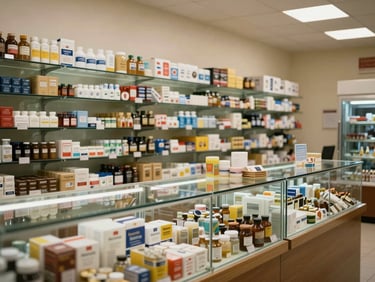 Clean, well-lit retail interior showing organized glass display cases under warm overhead lighting, emphasizing safety and regulatory order, no smoke or active consumption.