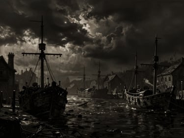 Atmospheric digital painting of a dark, gritty 17th-century harbor under a stormy sky, high-contrast chiaroscuro lighting, deep charcoal and warm sepia tones