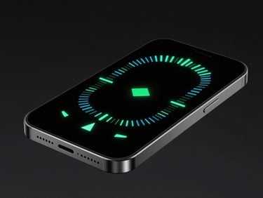 Angled perspective shot of a sleek smartphone displaying a minimalist, high-contrast digital dashboard with neon green indicators, dark background