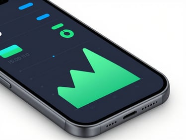 Macro close-up of a mobile screen showing a clean, dark-mode user interface with bright green data charts, neon blue accents, high-contrast studio lighting