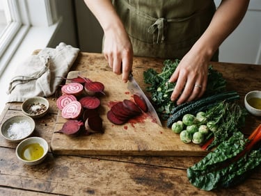 An overhead editorial shot of hands preparing seasonal organic vegetables on a rustic wooden countertop, soft Scandinavian window light, matte finish, 35mm