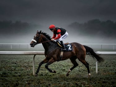Dramatic sports photography of a single racehorse with jockey in motion during a misty morning workout, dark moody lighting, high contrast