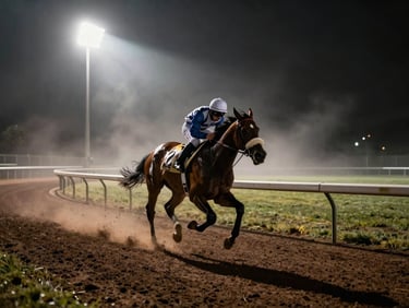 Dramatic sports photography of a racehorse sprinting on a misty track at dawn, high contrast, golden floodlights casting long shadows, 35mm lens