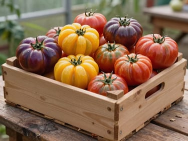 A wooden crate filled with vibrant heirloom tomatoes of various shapes and colors—deep purples, bright yellows, ribbed reds—resting on a rustic farm table under soft greenhouse light