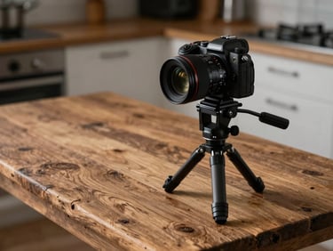 A professional camera on a compact tripod positioned next to a rustic wooden prep table, soft overhead kitchen lighting, moody atmosphere.