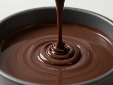 Close-up studio shot of poured cocoa liquor setting in a shallow mold, surface catching a single strobe from the side — deep chocolate-black mass with a visible sheen, no additional props or styling