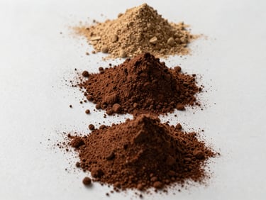 Flat overhead of three small piles of cocoa powder in ascending darkness from natural to heavily alkalized grade, arranged on a white ceramic surface under diffused studio strobe — color gradation from warm tan to near-black, fine dust texture visible
