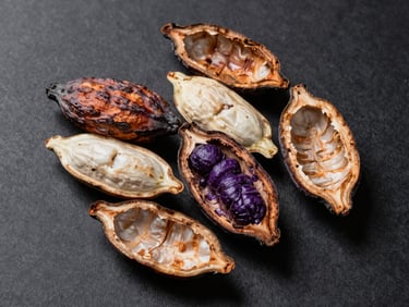 Flat overhead arrangement of raw fermented cacao beans on a dark matte surface, beans split open to show cross-section revealing internal color gradation from pale ivory to deep purple, studio strobe lighting raking across the surface to reveal fermentation texture and skin detail, no garnish, no styling props, austere trading-floor precision
