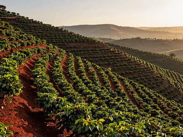 Wide environmental frame of an Ethiopian highland coffee farm at golden hour, rows of coffee plants descending a terraced hillside, volcanic red soil visible between rows, low-angle light casting long shadows across the canopy, no people, no signage, altitude haze softening the far ridge