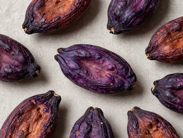 Overhead flat-lay of raw fermented cacao beans arranged on a neutral linen surface, studio strobe from above showing color gradation from deep purple to mahogany — no styling, no garnish, macro detail of bean surface texture