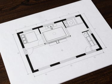 Technical orthographic floorplan of a minimalist modern kitchen, crisp black vector lines on clean white paper.