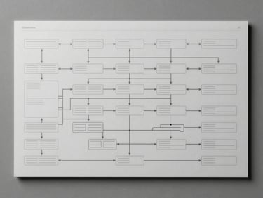 Flat lay of a complex software application wireframe on a neutral gray background, showing systematic user flow lines.