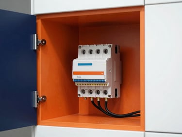 Detailed shot of a newly installed, neatly wired consumer unit inside a modern home, sharp commercial photography, bright high-contrast daylight, deep navy and crisp orange tones, clean architectural focus, 35mm
