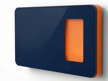 Close-up of a modern smart lighting control panel with a clean interface, sharp commercial photography, bright high-contrast daylight, deep navy and crisp orange tones, clean architectural focus, 35mm