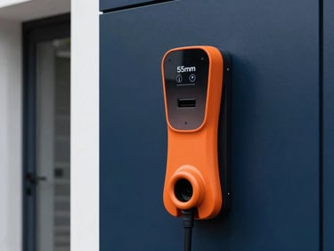 Sleek electric vehicle charging point installed on a modern London home exterior, sharp commercial photography, bright high-contrast daylight, deep navy and crisp orange tones, clean architectural focus, 35mm