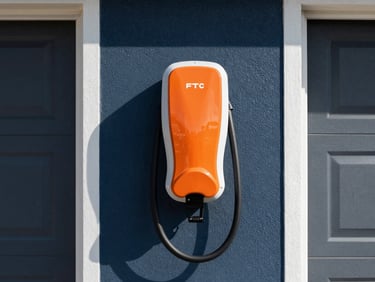 High-contrast close-up of a neatly installed EV charger unit on a residential garage wall, sharp commercial photography, bright high-contrast daylight, deep navy and crisp orange tones, clean architectural focus, 35mm