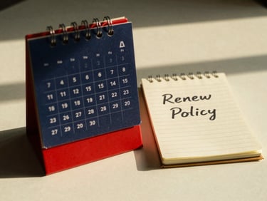 A calendar with a highlighted date, next to a notepad with 'Renew Policy' written on it, on a clean desk, warm golden hour light, authentic 35mm film style