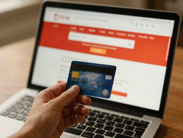 A person's hand holding a credit card near a laptop, showing an online payment portal, warm lighting, authentic 35mm film style