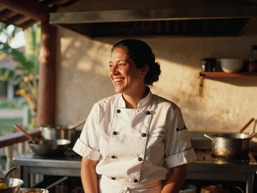 Candid portrait of a female chef laughing in a traditional neighborhood boteco kitchen, warm natural light, rich tropical tones, 35mm film style.