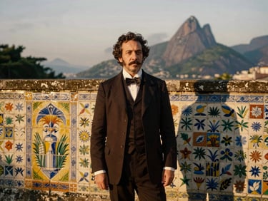 Medium portrait of a male historian standing in front of a colorful colonial tiled wall in Rio, soft twilight, warm editorial photography.