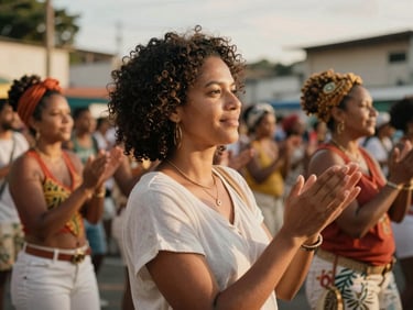 Candid portrait of a female journalist clapping along with a local samba circle in Lapa, warm golden-hour light, 35mm film aesthetic.