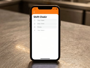 A clean mobile interface displaying a shift checklist resting on a stainless steel counter, high-contrast kitchen ambient light, rich orange accents, 35mm