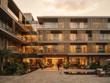 Elegant architectural exterior of Awan DHA hotel in Lahore, warm golden-hour sunlight filtering through modern facades, clean minimal design, 35mm