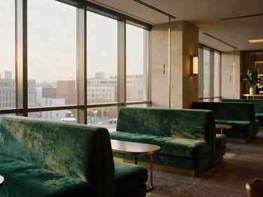 A modern hotel lobby interior with elegant emerald green velvet seating, warm golden-hour light streaming through large windows, minimalist brass accents, 35mm