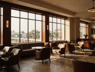 Bright and spacious family hotel suite lounge in DHA Lahore, warm sunlight filtering through large windows, elegant minimal decor, 35mm