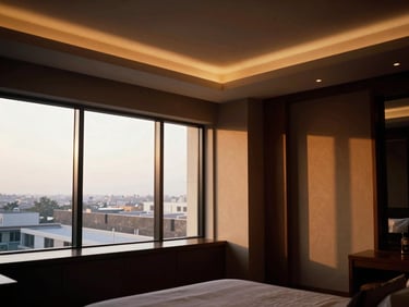 Architectural interior of a modern executive hotel suite in Gulberg Lahore, warm ambient lighting, clean lines, editorial 35mm