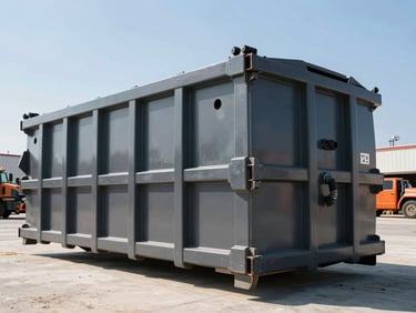 Low-angle shot of a heavy-duty 30-yard dumpster on a commercial job site, bright midday sun, sharp industrial steel details.