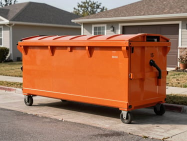 Wide environmental shot of a clean 15-yard safety-orange dumpster parked on a residential driveway, bright morning light, sharp steel textures.