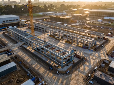 Aerial drone perspective of a large construction site at golden hour, structural steel frames casting long shadows, site layout and progress visible from above, warm raking light