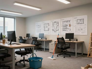 Wide shot of a construction site office interior being cleaned, mop and bucket in foreground, site plans pinned to wall, overhead fluorescent lighting, no people