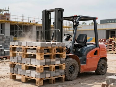 Close wide shot of a forklift positioning palletised materials on a busy construction site, natural daylight, dust visible in the air, stacked bricks and scaffold in background
