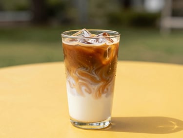 Iced cold brew coffee in a clear glass with swirling milk, condensation dripping down, bright sunny outdoor background