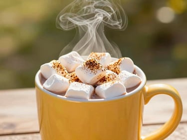 Steaming hot cocoa topped with toasted marshmallows in a cozy mug, soft warm outdoor lighting