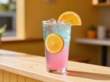 Vibrant custom pink and blue Lotus energy drink with fresh citrus slices and heavy condensation on a sunny outdoor counter
